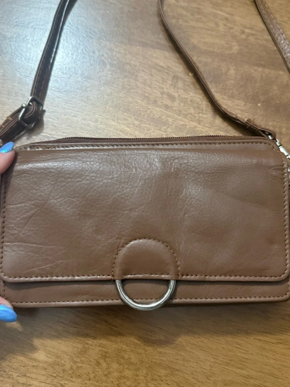 Genuine Leather Brown Crossbody Wallet Purse with Ring Accent
